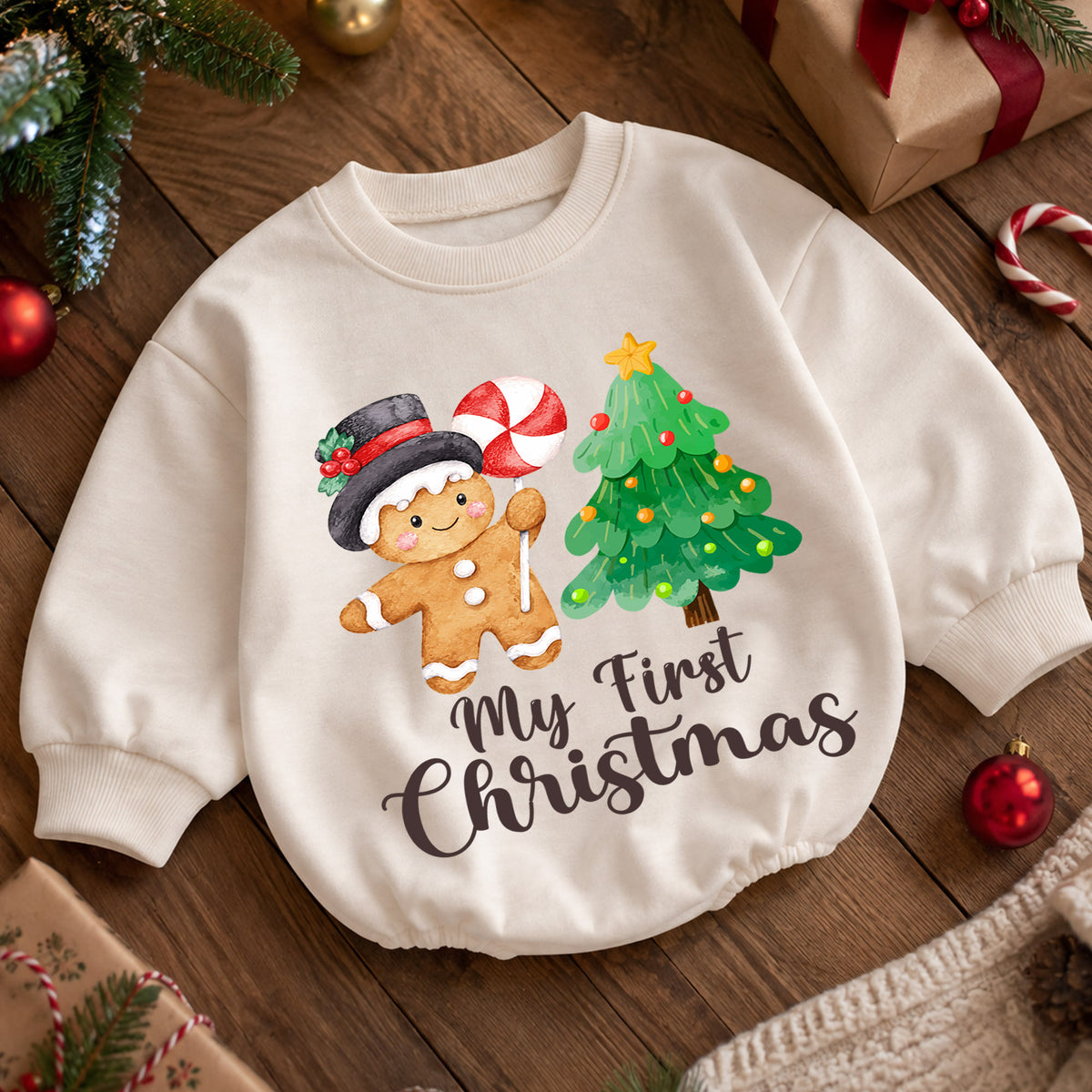 My First Christmas Baby Romper, Gingerbread Man Christmas Tree Holiday Outfit, Cute Toddler Xmas Romper, First Christmas Gift — product view 5