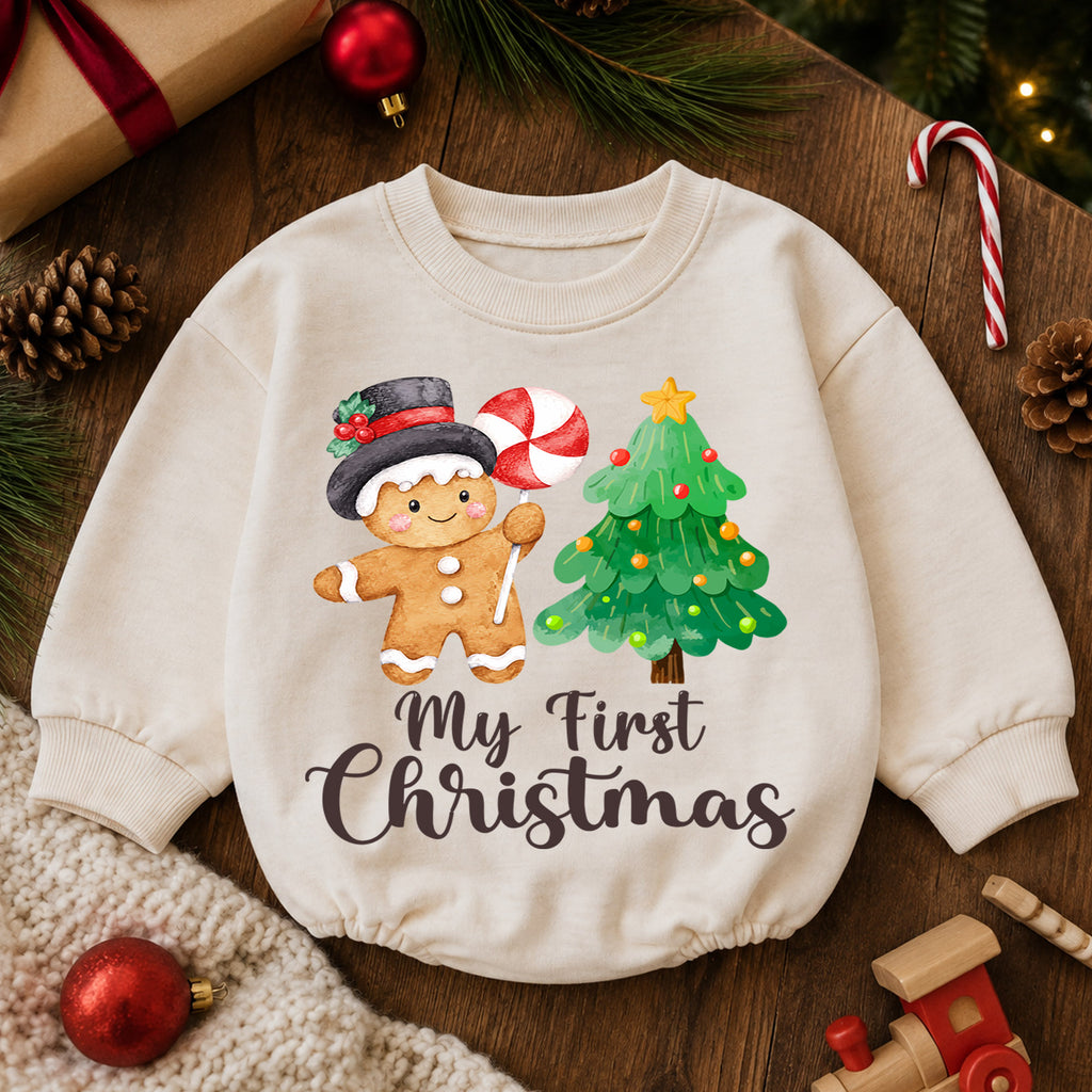 My First Christmas Baby Romper, Gingerbread Man Christmas Tree Holiday Outfit, Cute Toddler Xmas Romper, First Christmas Gift — product view 6