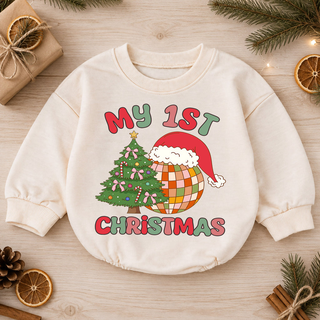 My 1st Christmas Baby Romper, Retro Disco Christmas Romper, First Christmas Toddler Outfit, Baby Holiday Romper Gift — product view 1