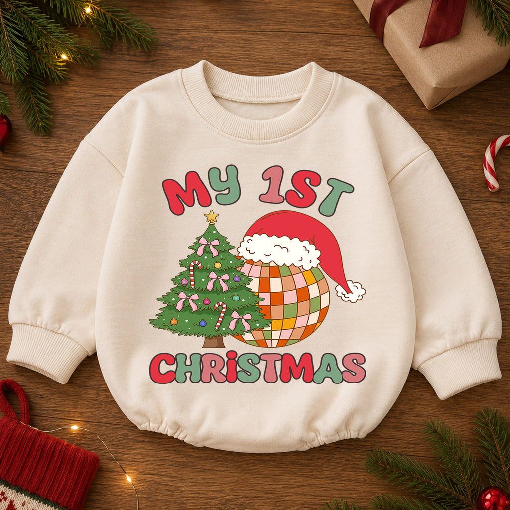 My 1st Christmas Baby Romper, Retro Disco Christmas Romper, First Christmas Toddler Outfit, Baby Holiday Romper Gift — product view 2