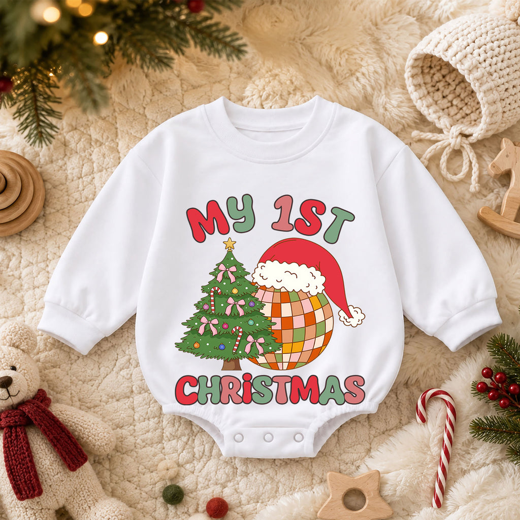 My 1st Christmas Baby Romper, Retro Disco Christmas Romper, First Christmas Toddler Outfit, Baby Holiday Romper Gift — product view 3