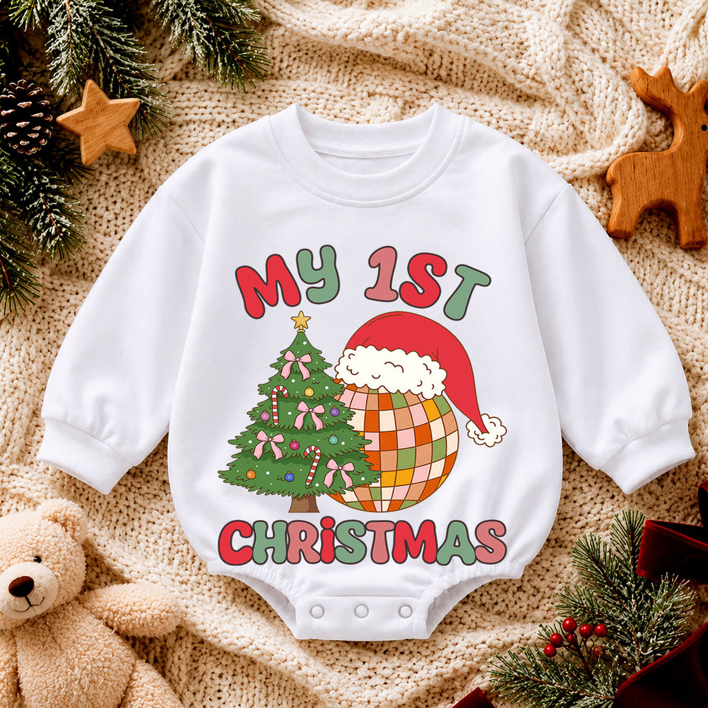 My 1st Christmas Baby Romper, Retro Disco Christmas Romper, First Christmas Toddler Outfit, Baby Holiday Romper Gift — product view 4
