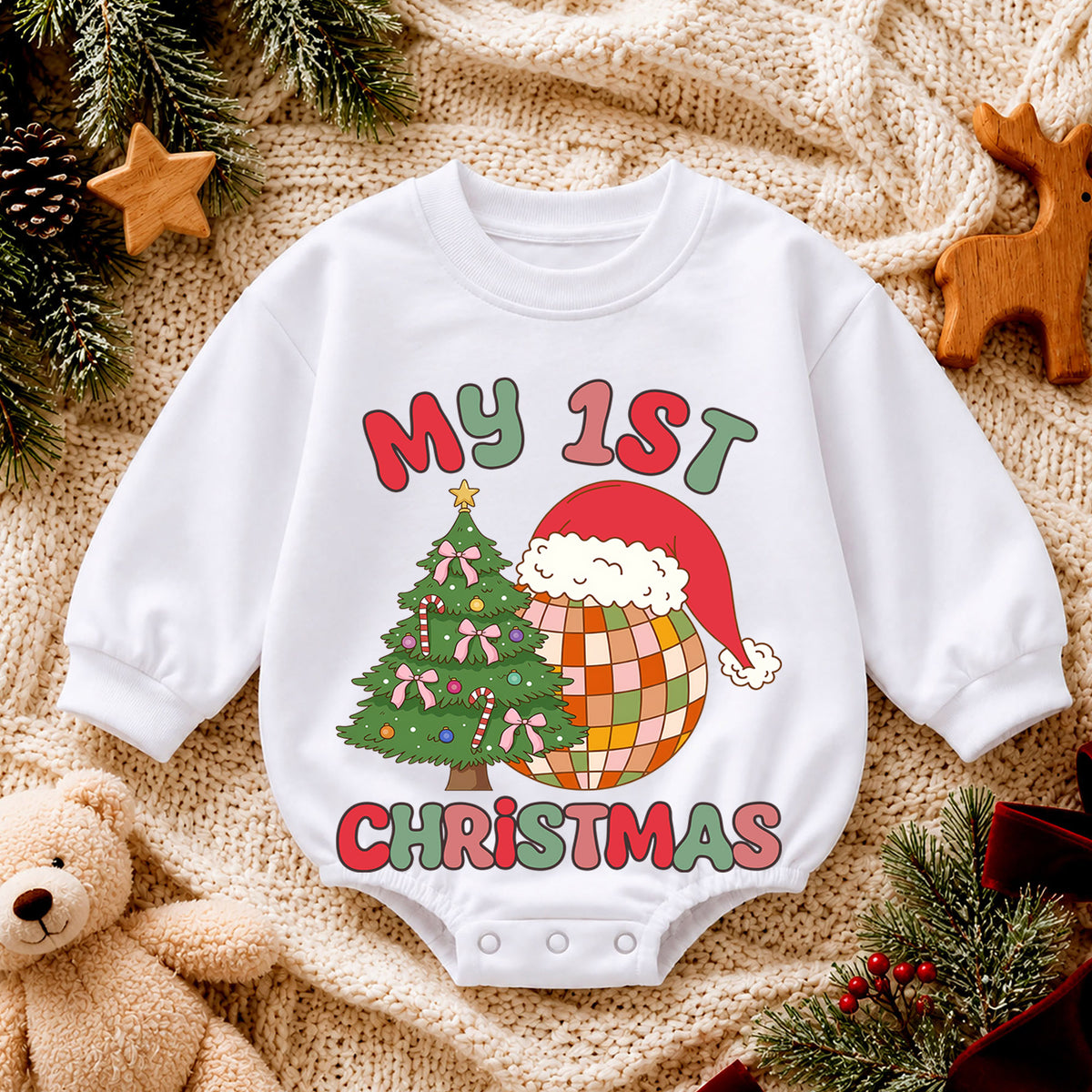 My 1st Christmas Baby Romper, Retro Disco Christmas Romper, First Christmas Toddler Outfit, Baby Holiday Romper Gift — product view 4