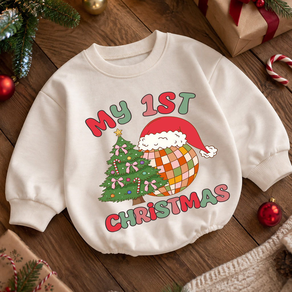 My 1st Christmas Baby Romper, Retro Disco Christmas Romper, First Christmas Toddler Outfit, Baby Holiday Romper Gift — product view 5