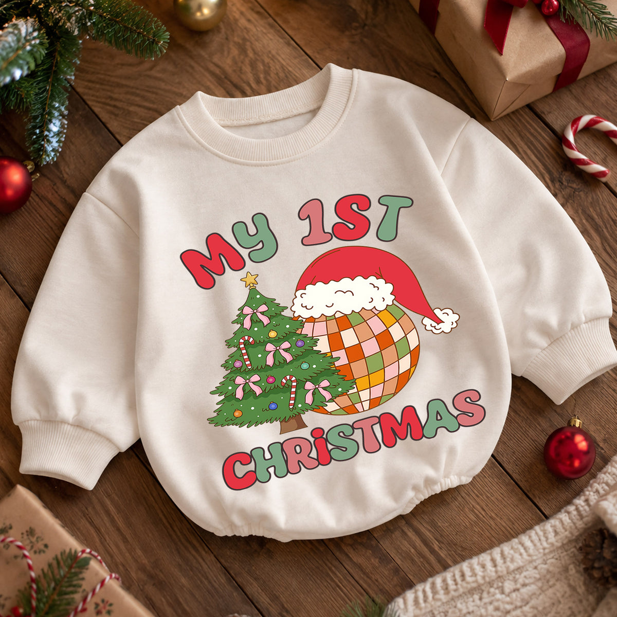 My 1st Christmas Baby Romper, Retro Disco Christmas Romper, First Christmas Toddler Outfit, Baby Holiday Romper Gift — product view 5