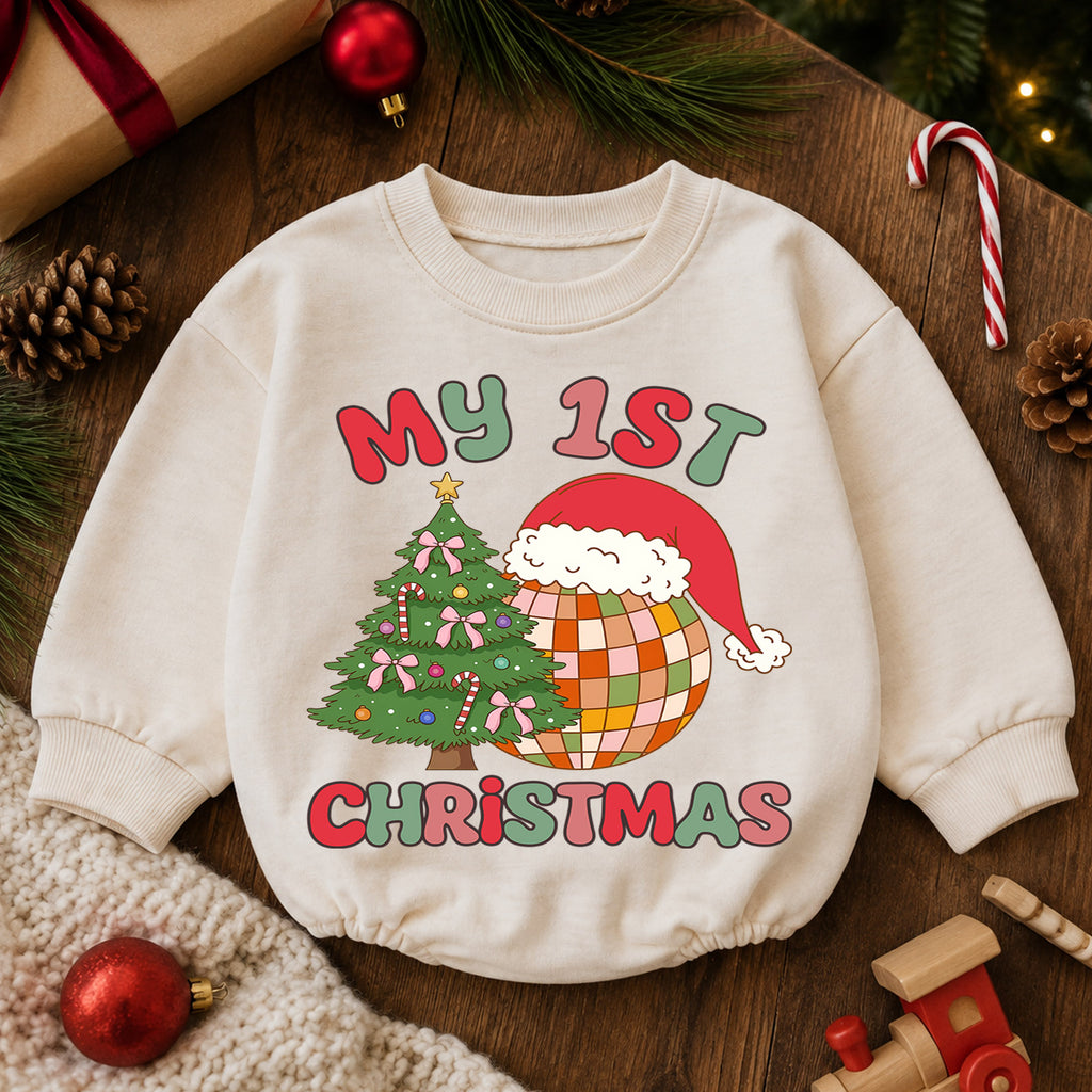 My 1st Christmas Baby Romper, Retro Disco Christmas Romper, First Christmas Toddler Outfit, Baby Holiday Romper Gift — product view 6