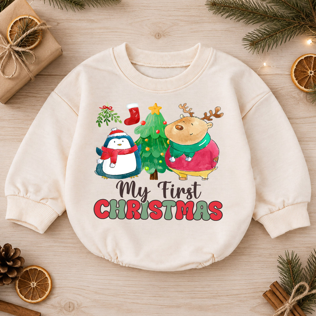 My First Christmas Baby Romper, Penguin Reindeer Christmas Romper, Toddler First Holiday Outfit, Cute Christmas Romper Gift — product view 1