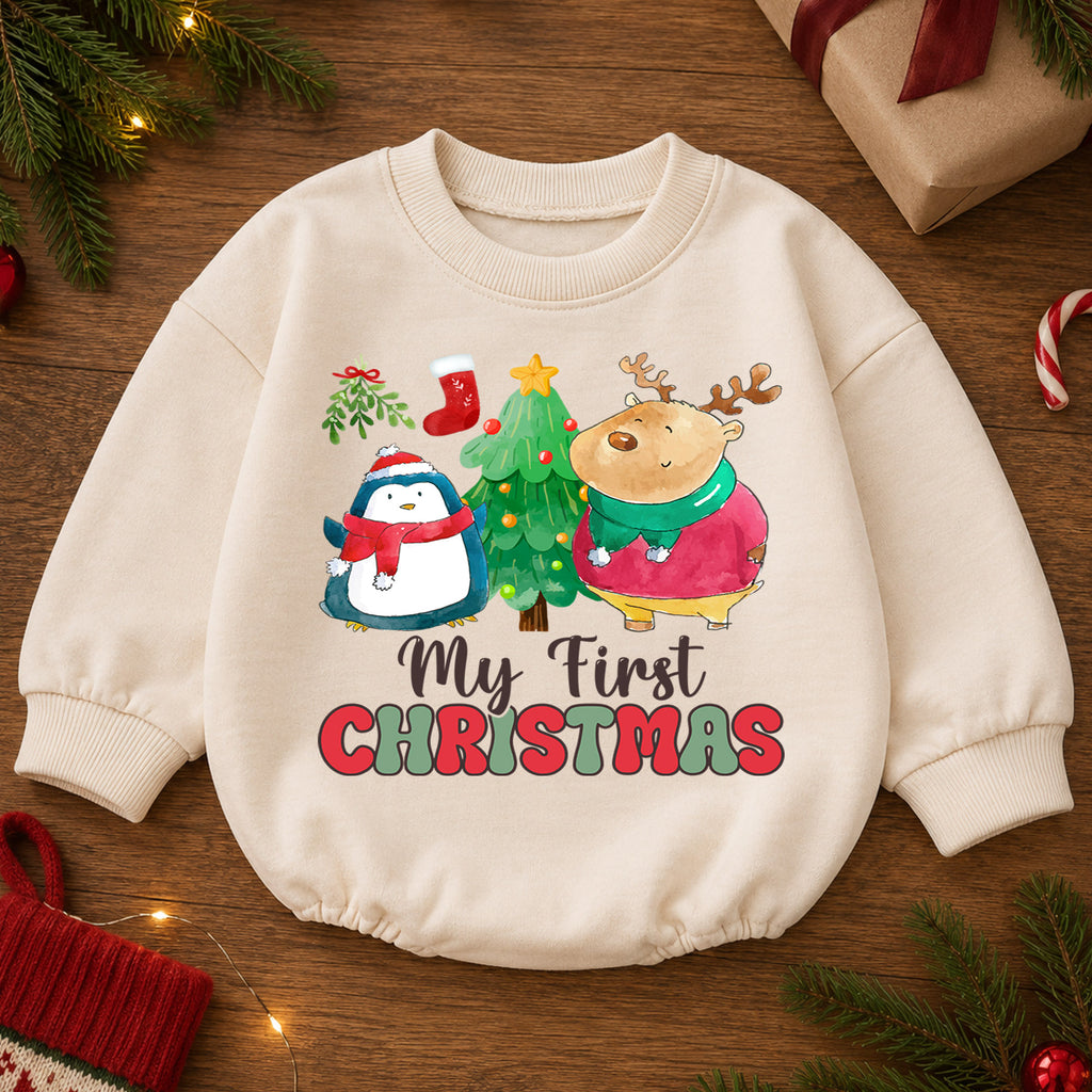 My First Christmas Baby Romper, Penguin Reindeer Christmas Romper, Toddler First Holiday Outfit, Cute Christmas Romper Gift — product view 2