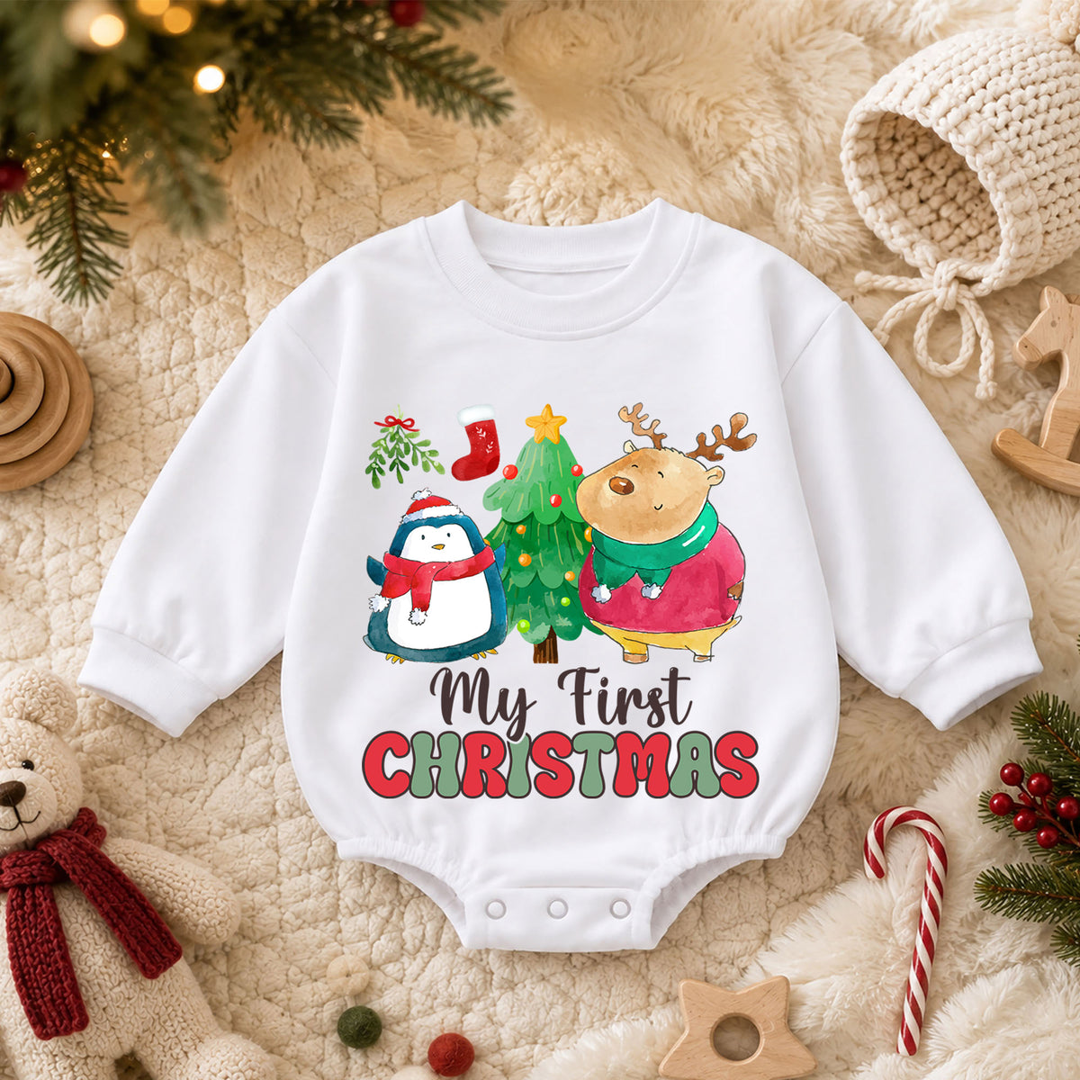 My First Christmas Baby Romper, Penguin Reindeer Christmas Romper, Toddler First Holiday Outfit, Cute Christmas Romper Gift — product view 3