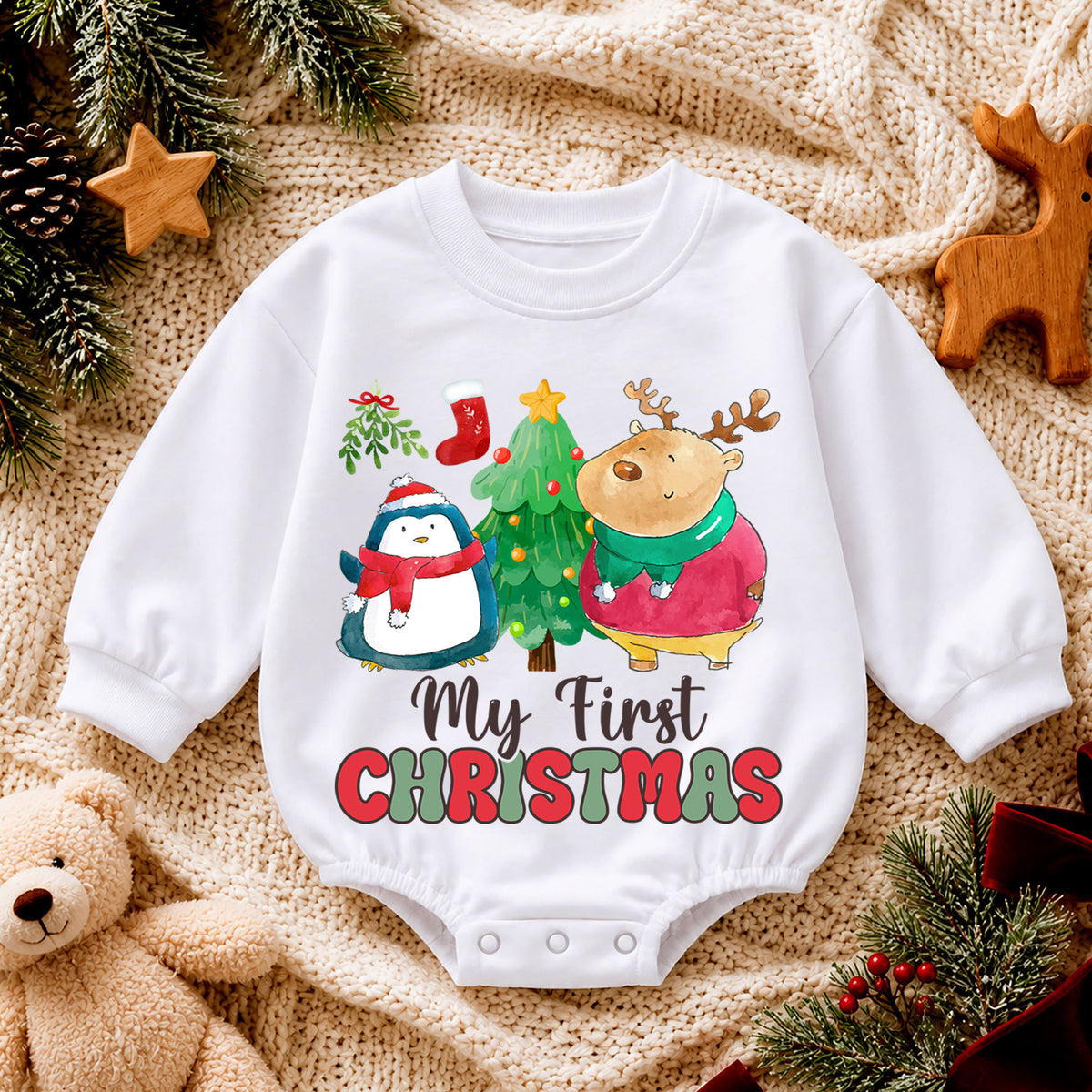 My First Christmas Baby Romper, Penguin Reindeer Christmas Romper, Toddler First Holiday Outfit, Cute Christmas Romper Gift — product view 4