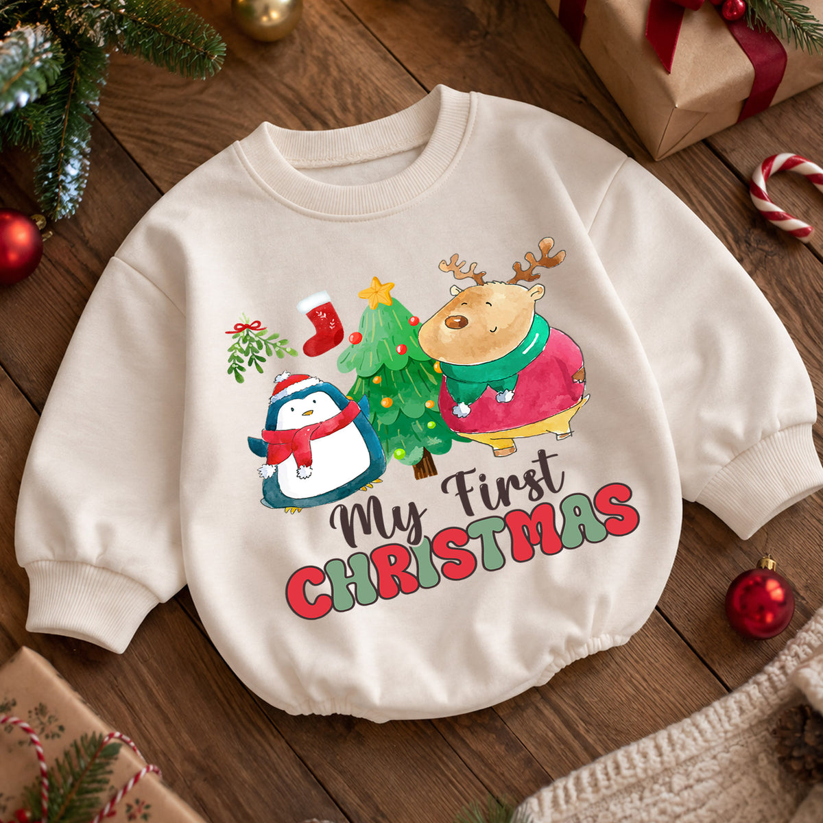 My First Christmas Baby Romper, Penguin Reindeer Christmas Romper, Toddler First Holiday Outfit, Cute Christmas Romper Gift — product view 5