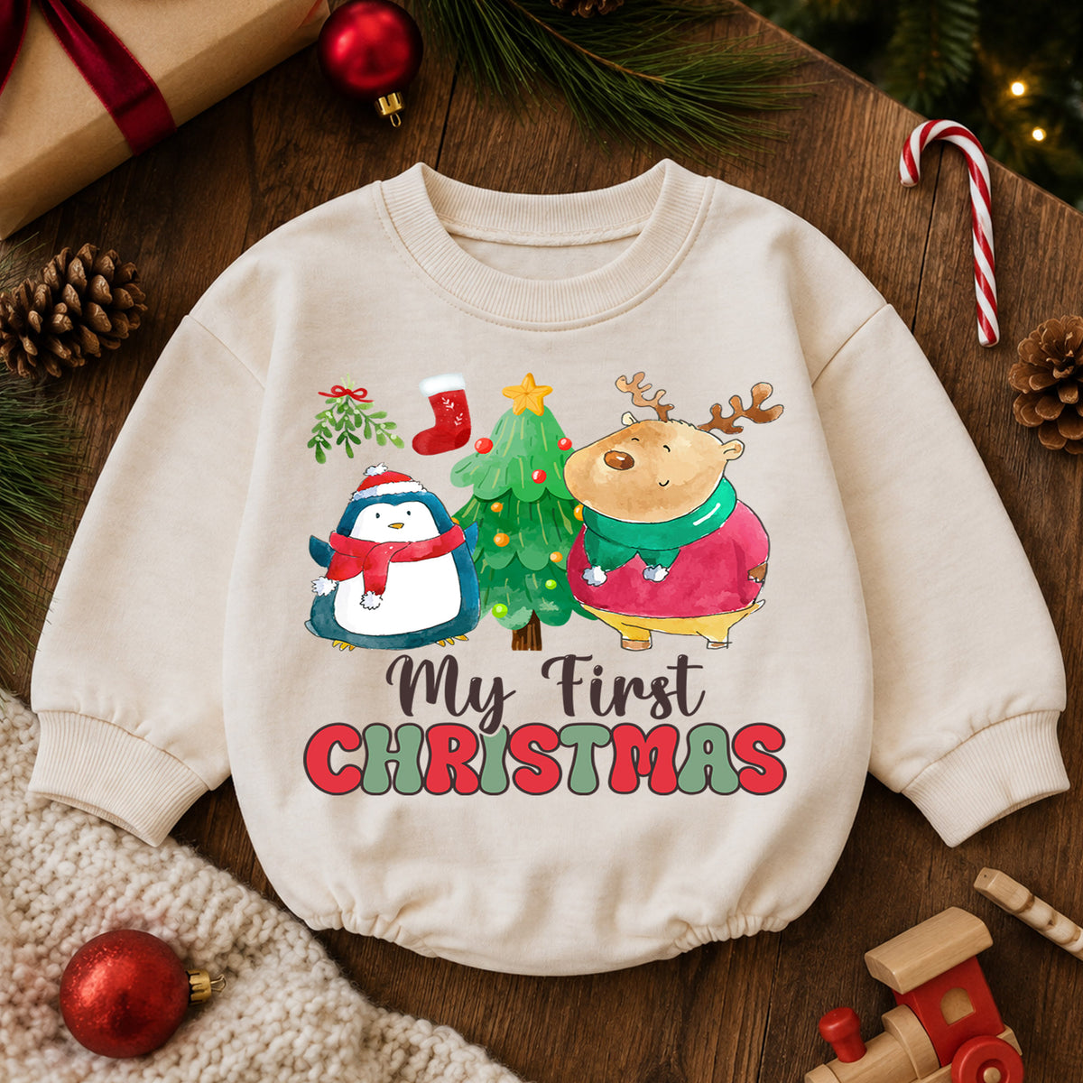 My First Christmas Baby Romper, Penguin Reindeer Christmas Romper, Toddler First Holiday Outfit, Cute Christmas Romper Gift — product view 6
