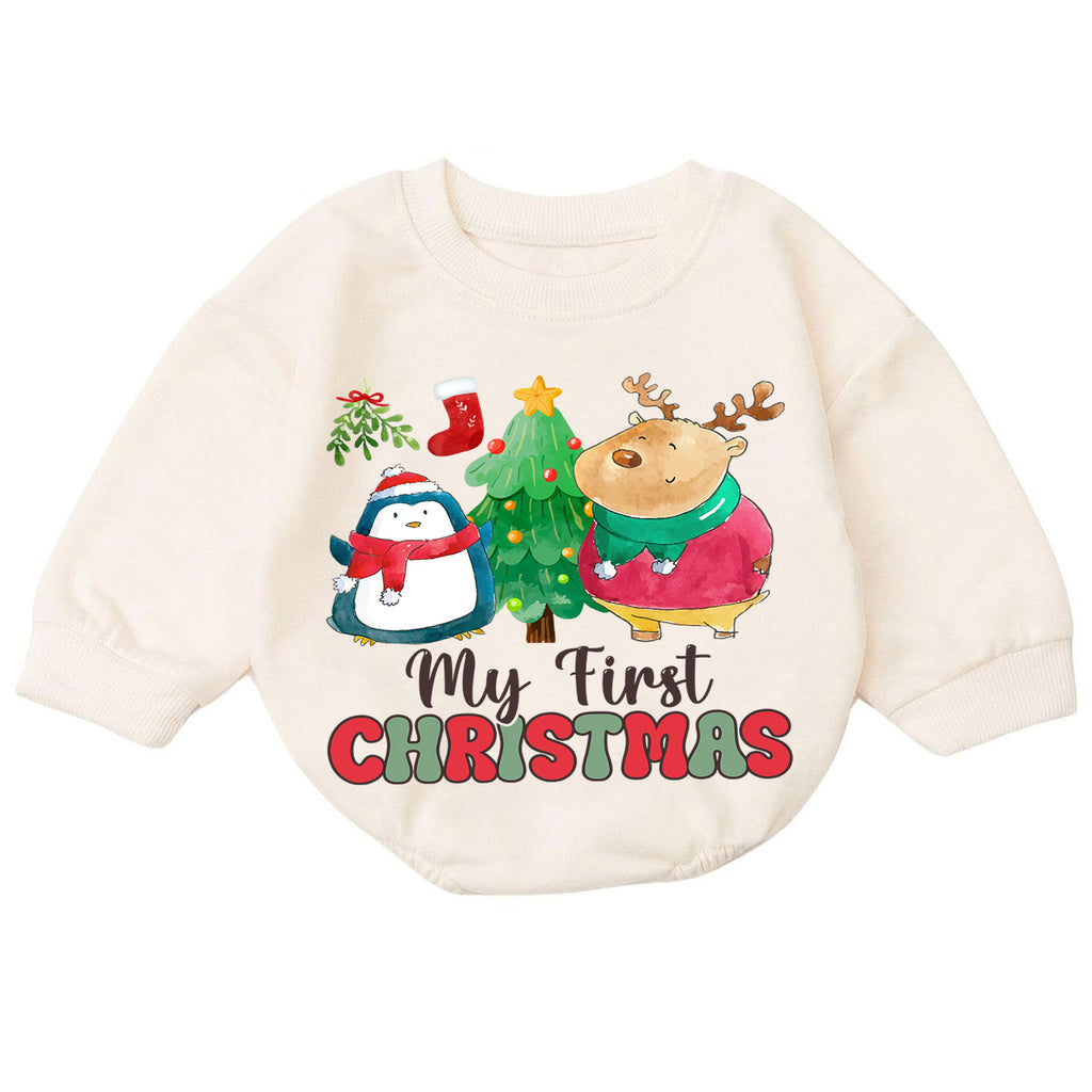 My First Christmas Baby Romper, Penguin Reindeer Christmas Romper, Toddler First Holiday Outfit, Cute Christmas Romper Gift — product view 7