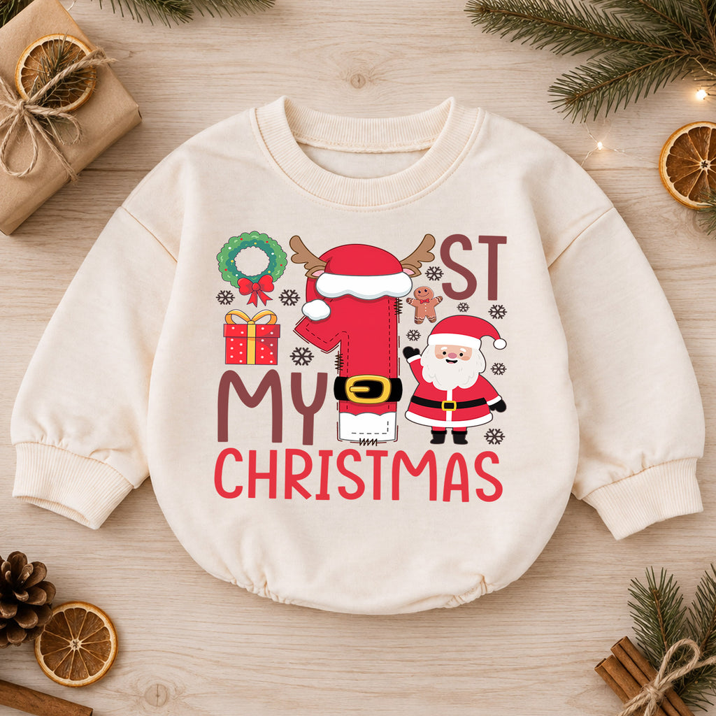 My 1st Christmas Baby Romper, Santa Number One Christmas Romper, First Christmas Toddler Outfit, Holiday Baby Romper Gift — product view 1