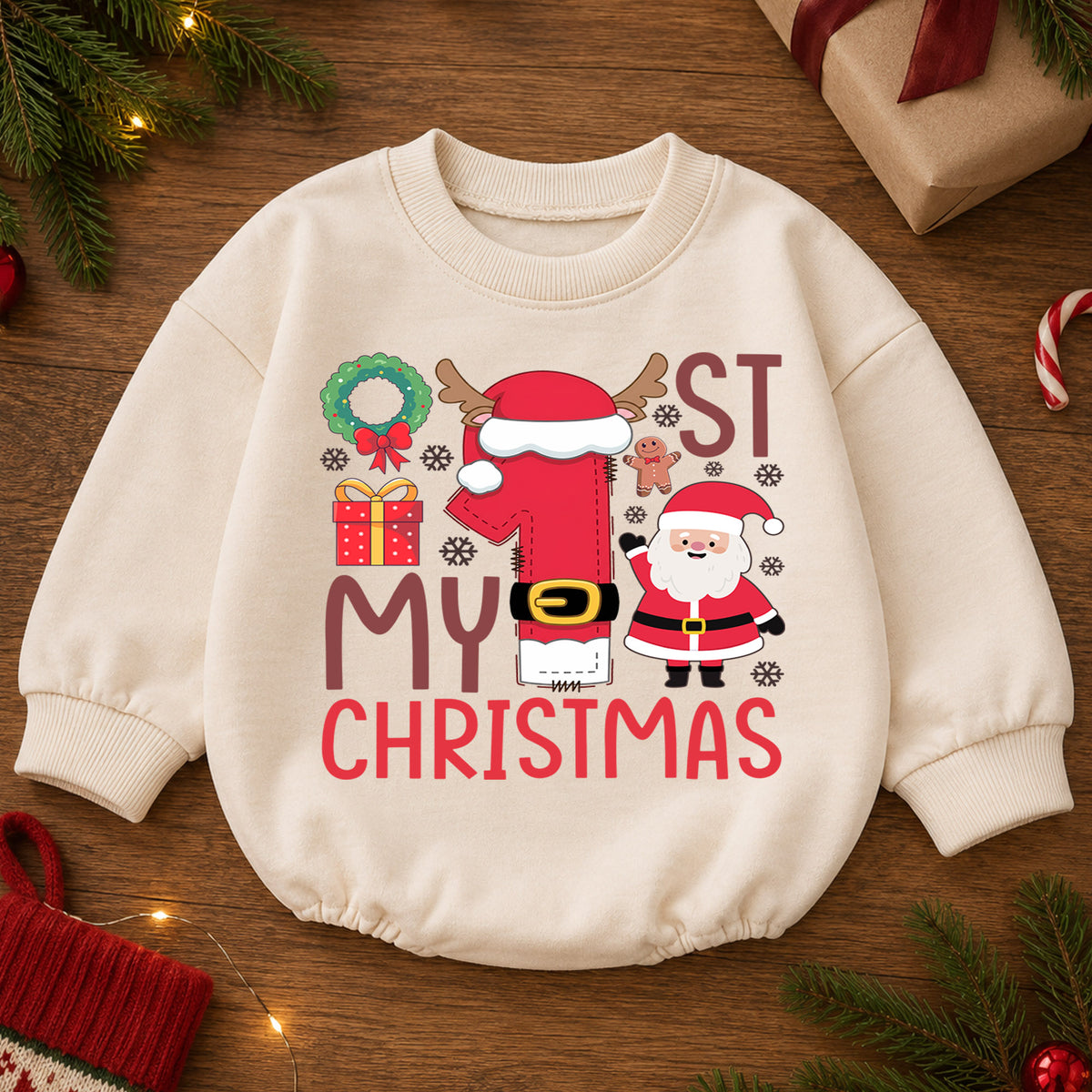 My 1st Christmas Baby Romper, Santa Number One Christmas Romper, First Christmas Toddler Outfit, Holiday Baby Romper Gift — product view 2