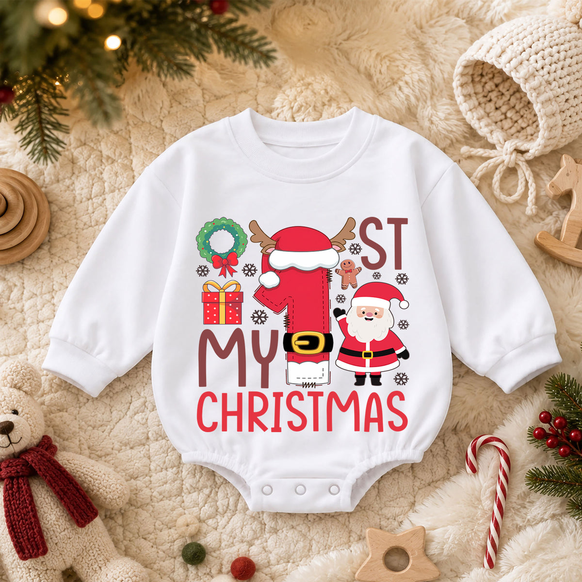 My 1st Christmas Baby Romper, Santa Number One Christmas Romper, First Christmas Toddler Outfit, Holiday Baby Romper Gift — product view 3