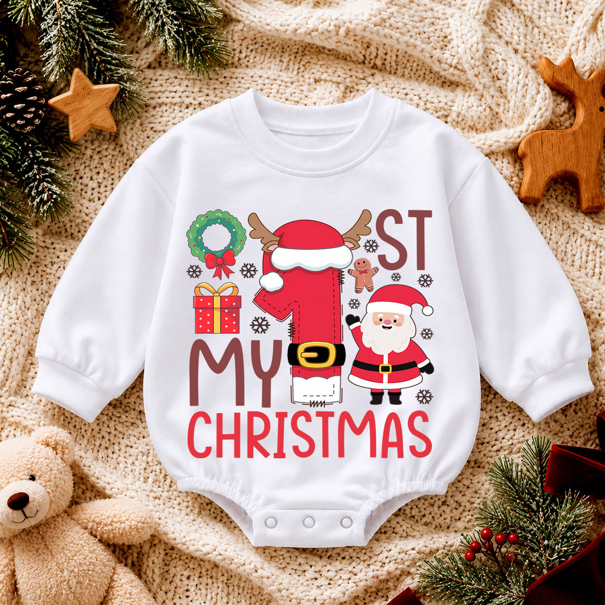 My 1st Christmas Baby Romper, Santa Number One Christmas Romper, First Christmas Toddler Outfit, Holiday Baby Romper Gift — product view 4