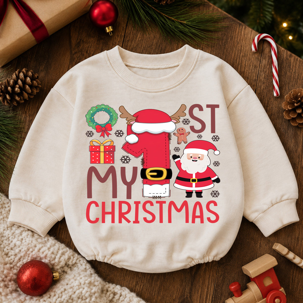 My 1st Christmas Baby Romper, Santa Number One Christmas Romper, First Christmas Toddler Outfit, Holiday Baby Romper Gift — product view 6