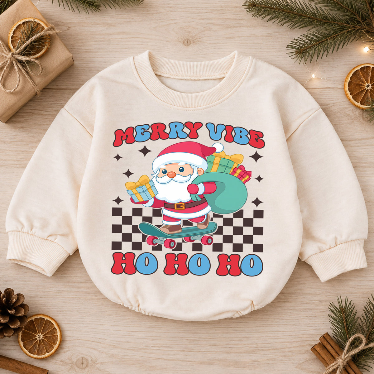 Merry Vibe Santa Christmas Romper, Skateboard Santa Baby Romper, Retro Christmas Toddler Romper, Cool Holiday Outfit Gift — product view 1