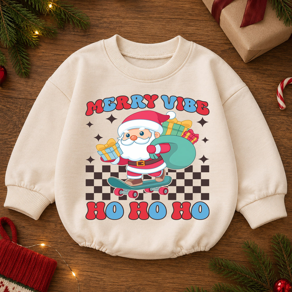 Merry Vibe Santa Christmas Romper, Skateboard Santa Baby Romper, Retro Christmas Toddler Romper, Cool Holiday Outfit Gift — product view 2