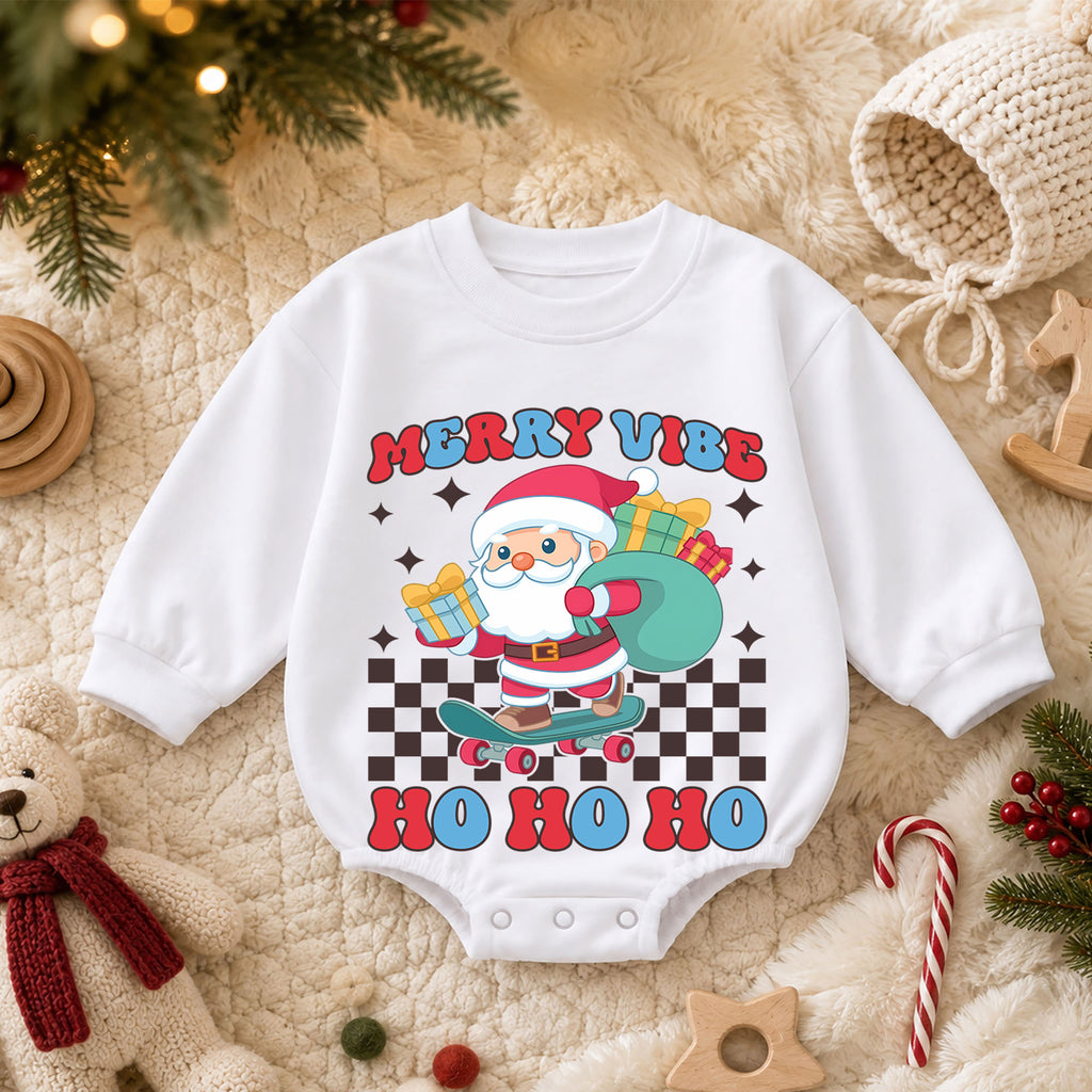 Merry Vibe Santa Christmas Romper, Skateboard Santa Baby Romper, Retro Christmas Toddler Romper, Cool Holiday Outfit Gift — product view 3