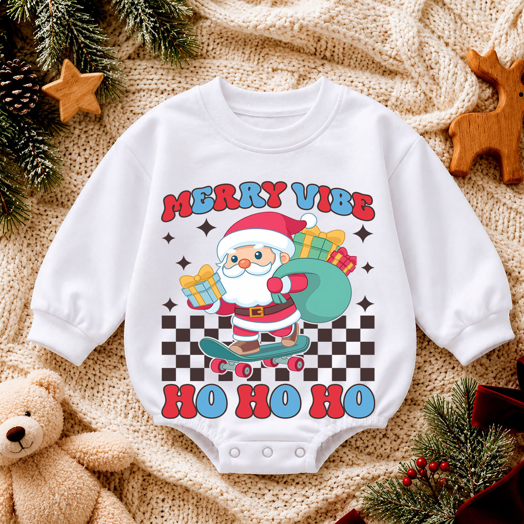 Merry Vibe Santa Christmas Romper, Skateboard Santa Baby Romper, Retro Christmas Toddler Romper, Cool Holiday Outfit Gift — product view 4