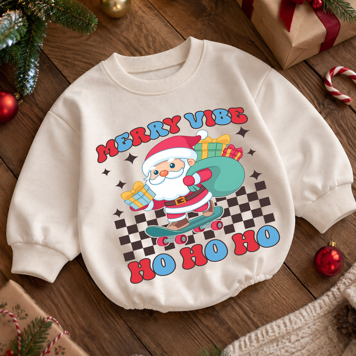 Merry Vibe Santa Christmas Romper, Skateboard Santa Baby Romper, Retro Christmas Toddler Romper, Cool Holiday Outfit Gift — product view 5