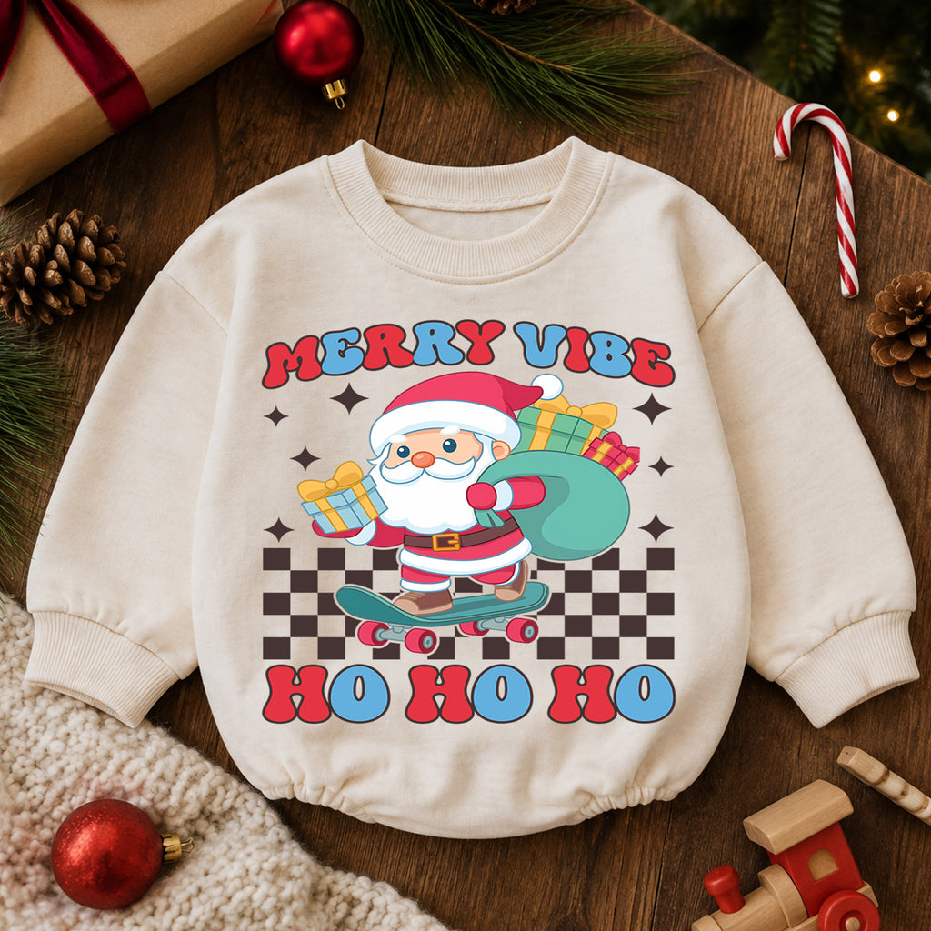 Merry Vibe Santa Christmas Romper, Skateboard Santa Baby Romper, Retro Christmas Toddler Romper, Cool Holiday Outfit Gift — product view 6