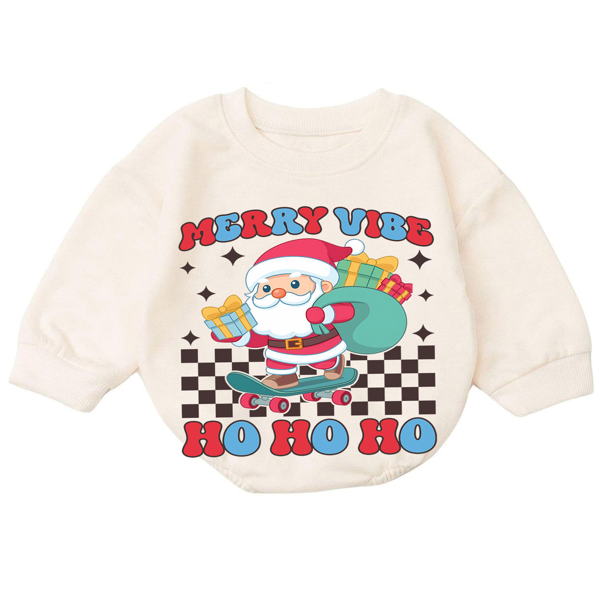 Merry Vibe Santa Christmas Romper, Skateboard Santa Baby Romper, Retro Christmas Toddler Romper, Cool Holiday Outfit Gift — product view 7