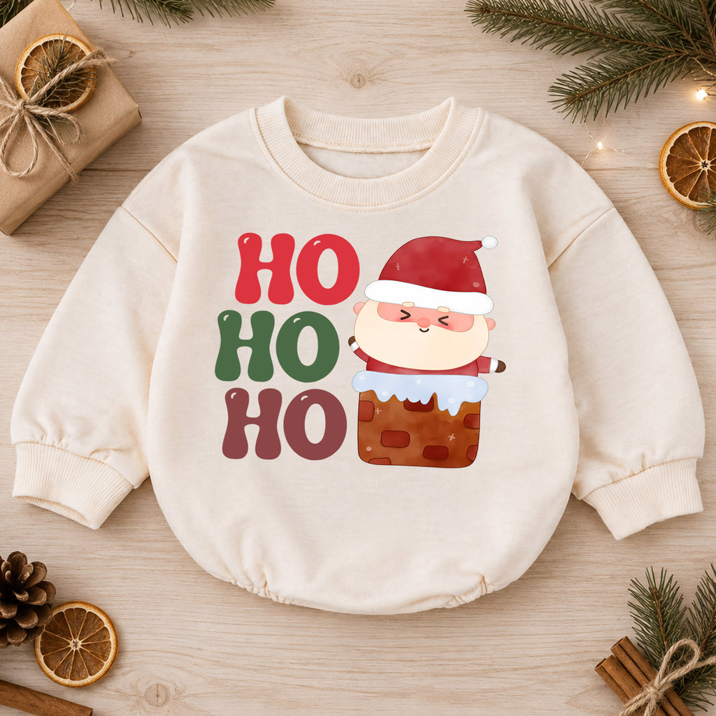 Ho Ho Ho Santa Christmas Romper, Cute Chimney Santa Baby Romper, Toddler Christmas Romper, Funny Holiday Baby Outfit Gift — product view 1
