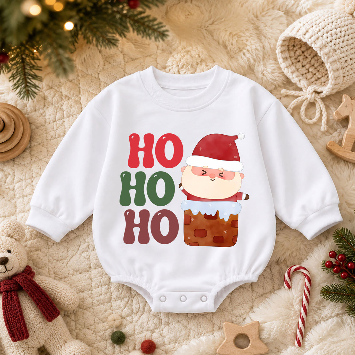 Ho Ho Ho Santa Christmas Romper, Cute Chimney Santa Baby Romper, Toddler Christmas Romper, Funny Holiday Baby Outfit Gift — product view 3