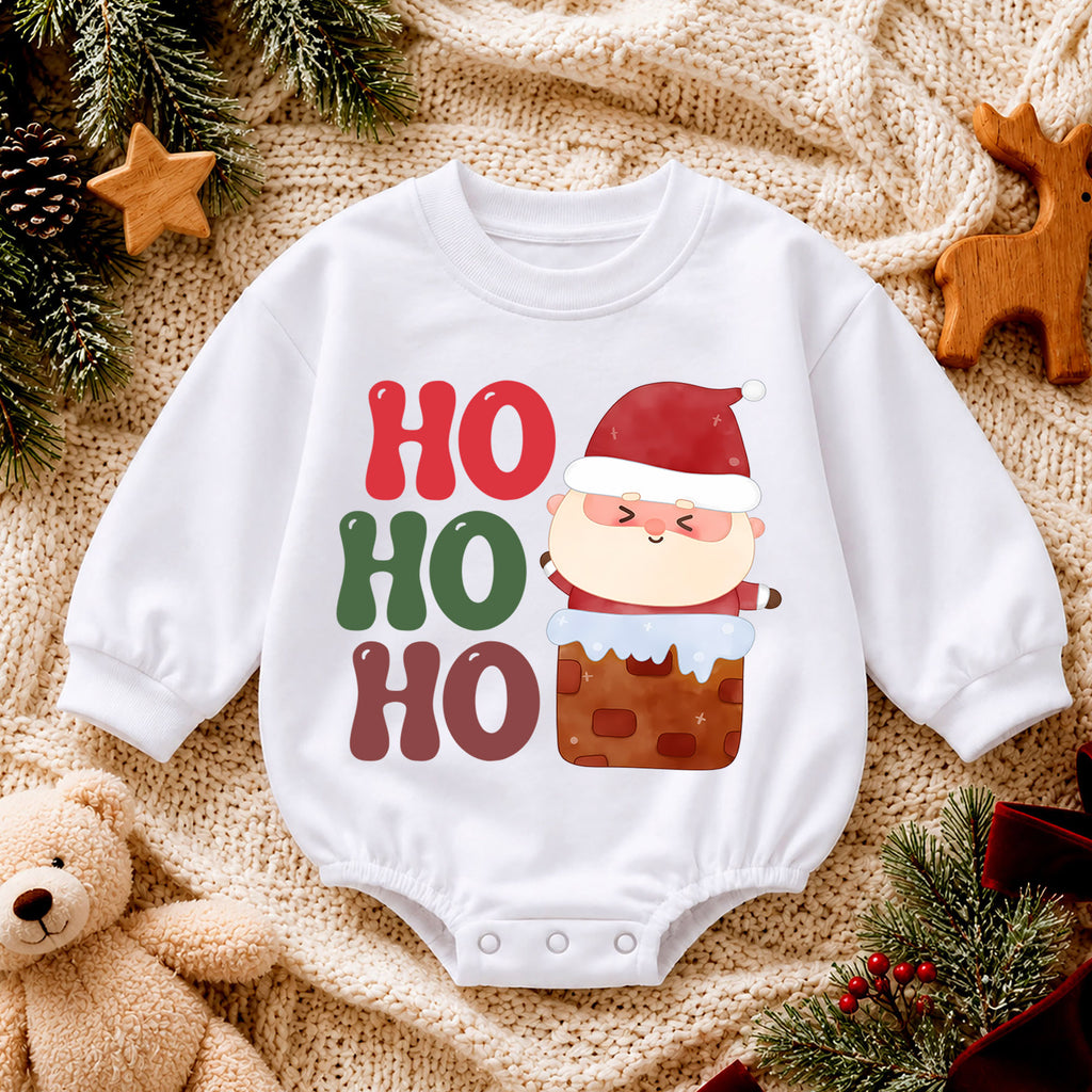 Ho Ho Ho Santa Christmas Romper, Cute Chimney Santa Baby Romper, Toddler Christmas Romper, Funny Holiday Baby Outfit Gift — product view 4