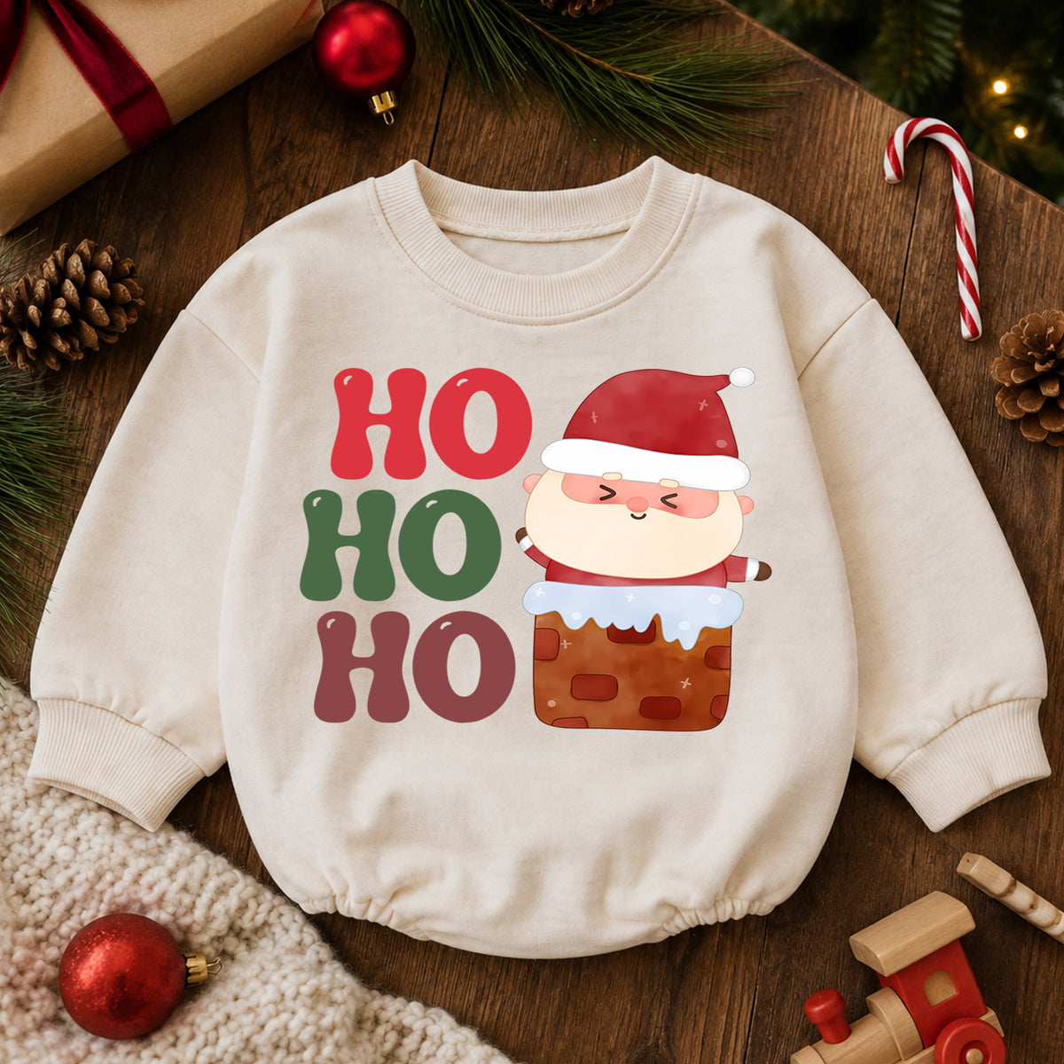 Ho Ho Ho Santa Christmas Romper, Cute Chimney Santa Baby Romper, Toddler Christmas Romper, Funny Holiday Baby Outfit Gift — product view 6