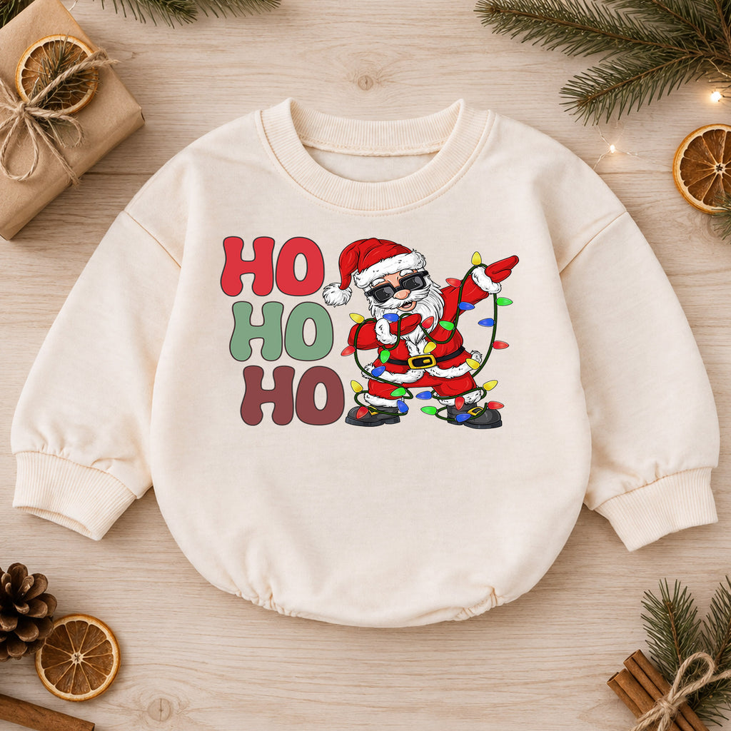 Ho Ho Ho Santa Christmas Romper, Dancing Santa Lights Baby Romper, Funny Toddler Christmas Romper, Holiday Baby Outfit Gift — product view 1
