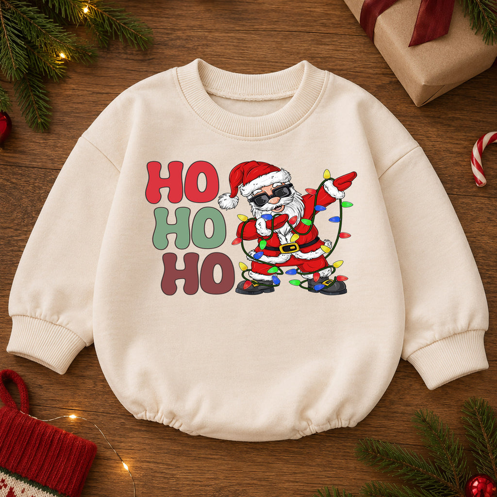 Ho Ho Ho Santa Christmas Romper, Dancing Santa Lights Baby Romper, Funny Toddler Christmas Romper, Holiday Baby Outfit Gift — product view 2