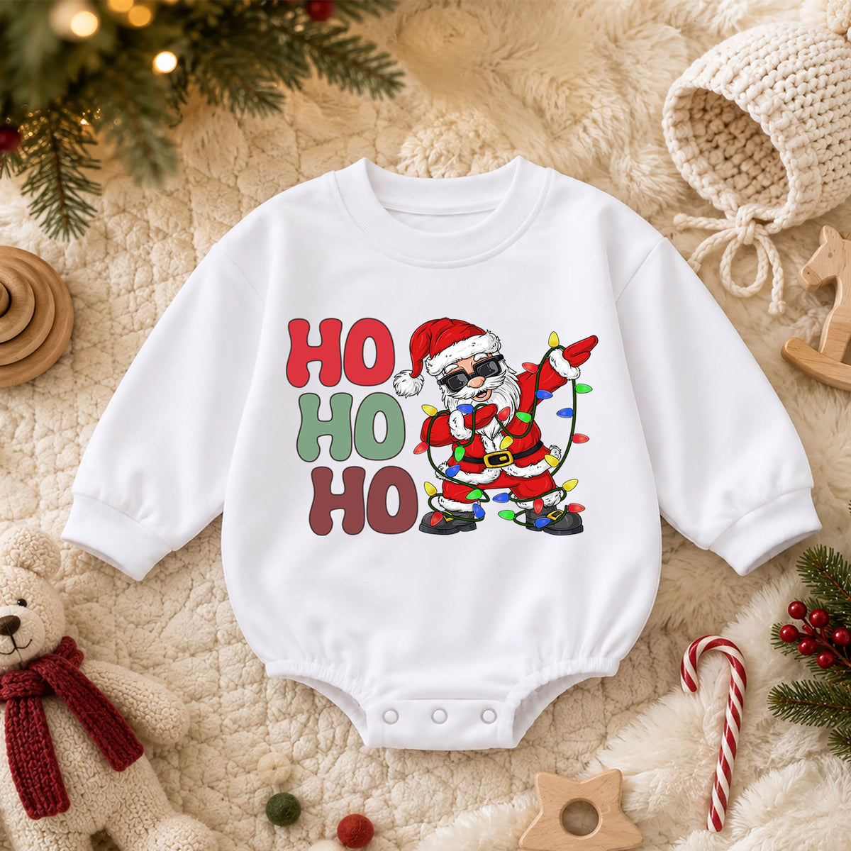 Ho Ho Ho Santa Christmas Romper, Dancing Santa Lights Baby Romper, Funny Toddler Christmas Romper, Holiday Baby Outfit Gift — product view 3