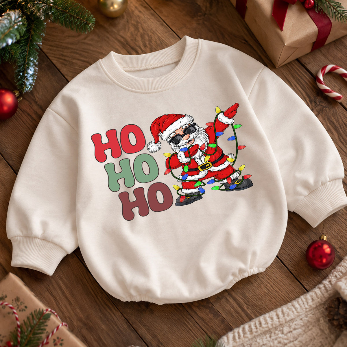 Ho Ho Ho Santa Christmas Romper, Dancing Santa Lights Baby Romper, Funny Toddler Christmas Romper, Holiday Baby Outfit Gift — product view 5