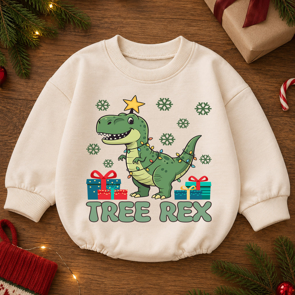 Tree Rex Christmas Romper, Dinosaur Christmas Toddler Romper, T Rex Holiday Baby Romper, Cute Dino Christmas Outfit Gift — product view 2