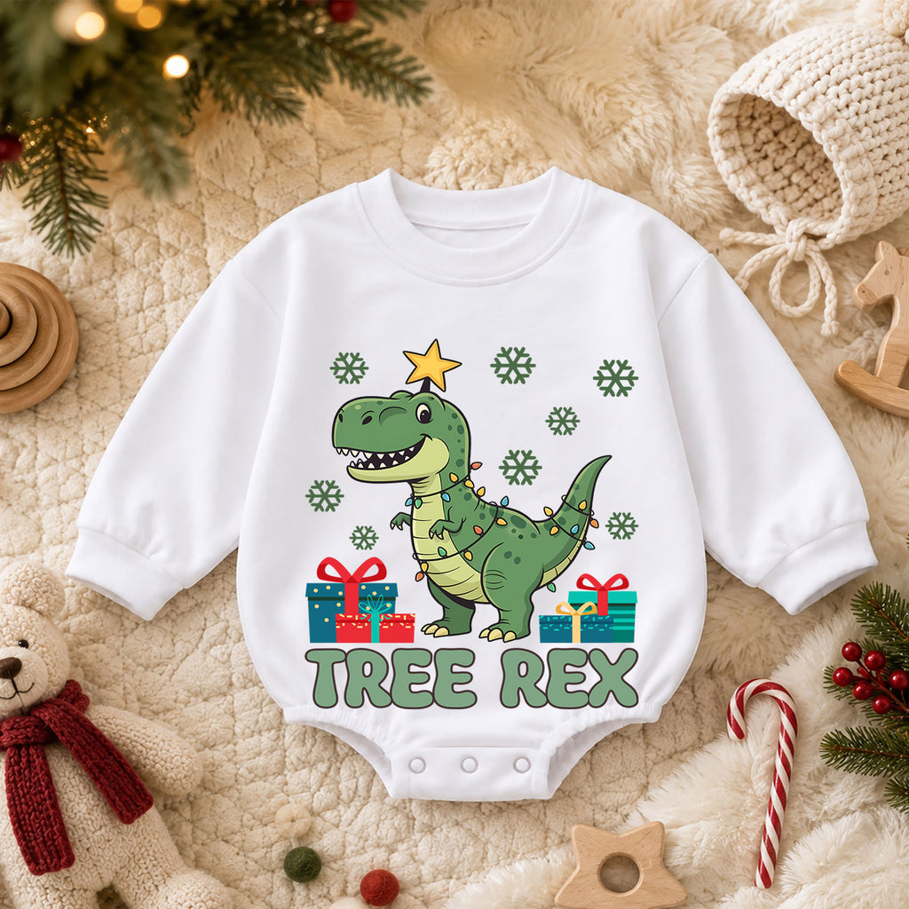 Tree Rex Christmas Romper, Dinosaur Christmas Toddler Romper, T Rex Holiday Baby Romper, Cute Dino Christmas Outfit Gift — product view 3