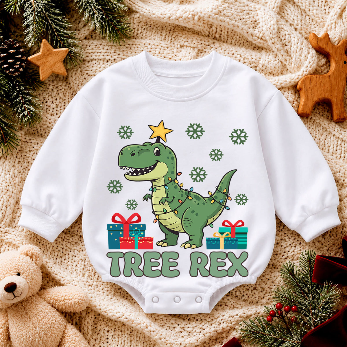 Tree Rex Christmas Romper, Dinosaur Christmas Toddler Romper, T Rex Holiday Baby Romper, Cute Dino Christmas Outfit Gift — product view 4