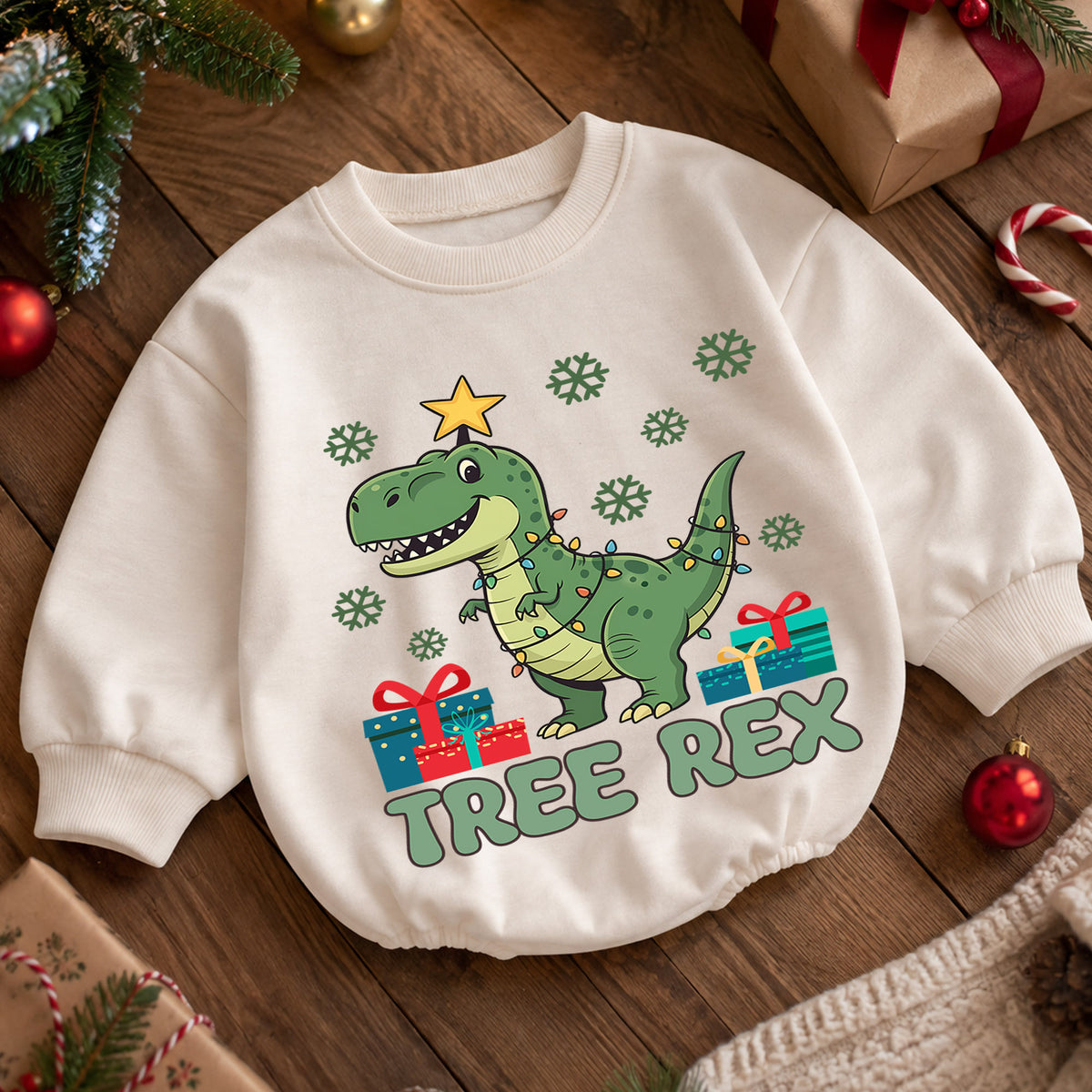 Tree Rex Christmas Romper, Dinosaur Christmas Toddler Romper, T Rex Holiday Baby Romper, Cute Dino Christmas Outfit Gift — product view 5