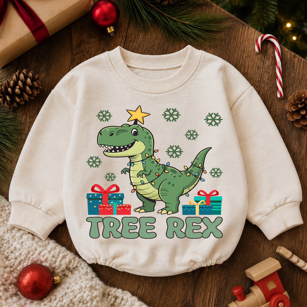 Tree Rex Christmas Romper, Dinosaur Christmas Toddler Romper, T Rex Holiday Baby Romper, Cute Dino Christmas Outfit Gift — product view 6