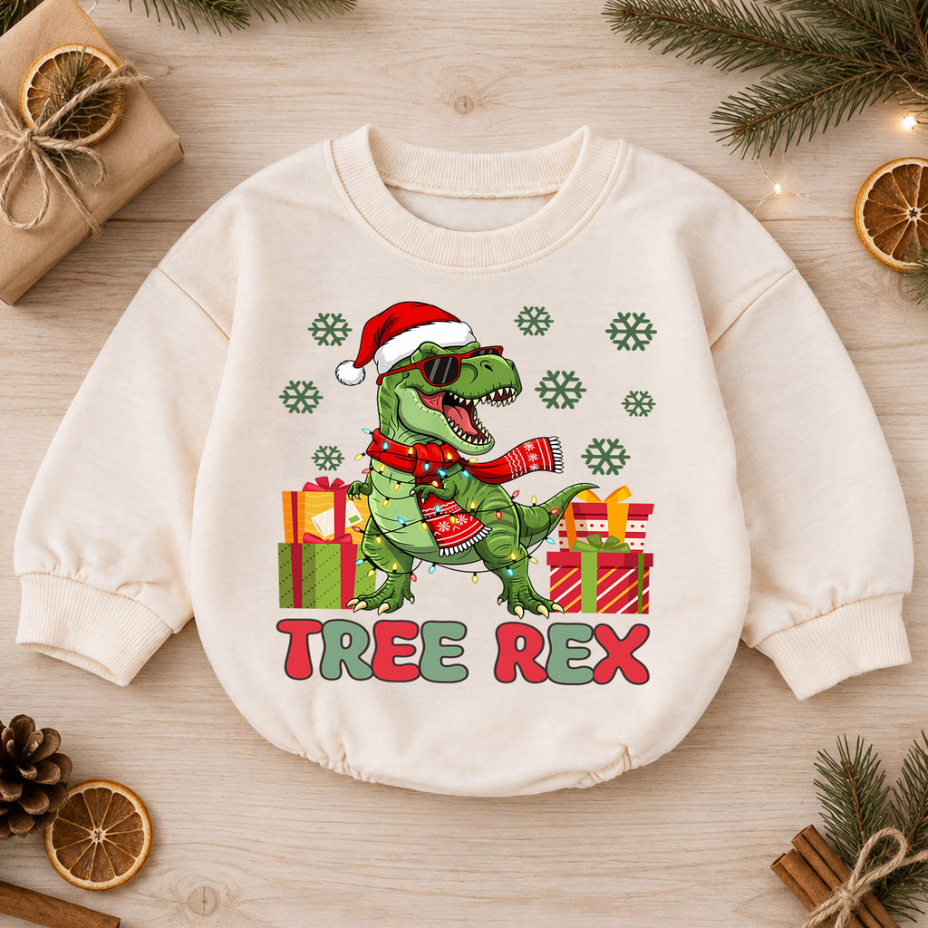 Tree Rex Christmas Romper, Cool T Rex Toddler Romper, Dinosaur Holiday Baby Romper, Funny Dino Christmas Outfit Gift — product view 1