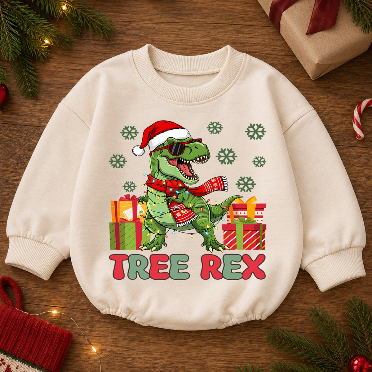 Tree Rex Christmas Romper, Cool T Rex Toddler Romper, Dinosaur Holiday Baby Romper, Funny Dino Christmas Outfit Gift — product view 2
