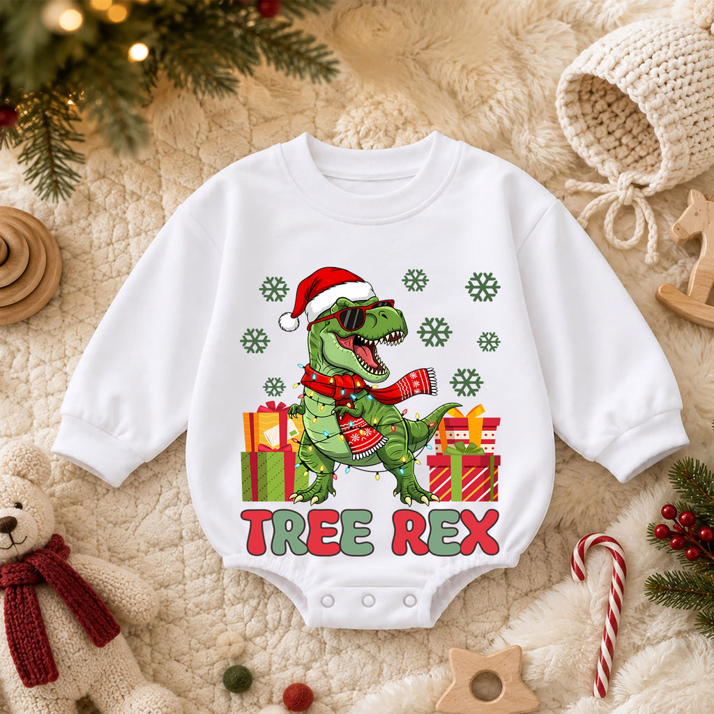 Tree Rex Christmas Romper, Cool T Rex Toddler Romper, Dinosaur Holiday Baby Romper, Funny Dino Christmas Outfit Gift — product view 3