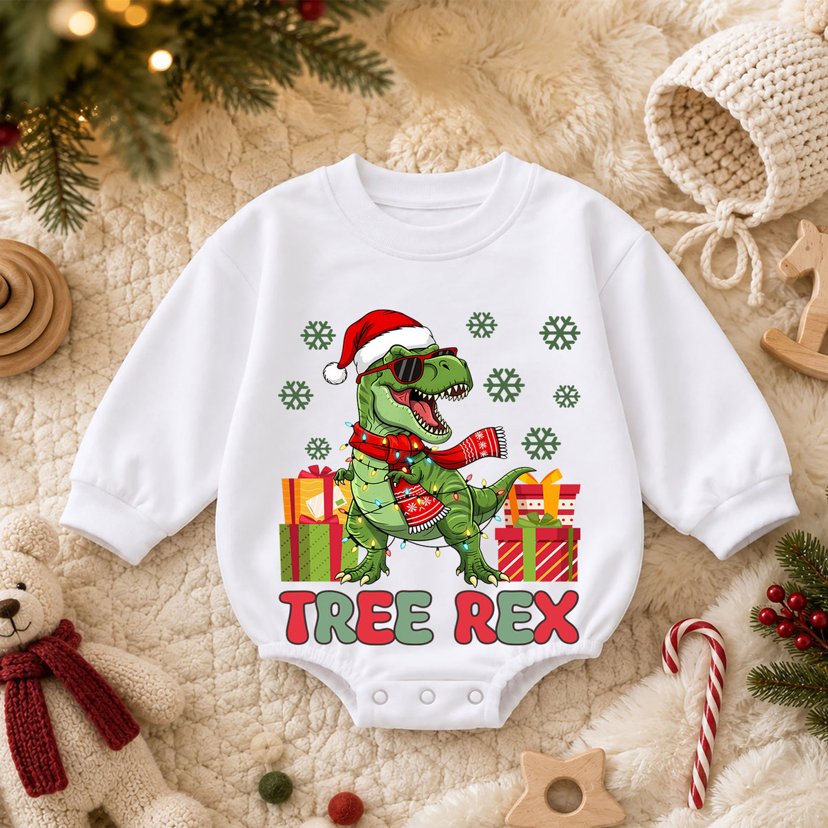 Tree Rex Christmas Romper, Cool T Rex Toddler Romper, Dinosaur Holiday Baby Romper, Funny Dino Christmas Outfit Gift — product view 3
