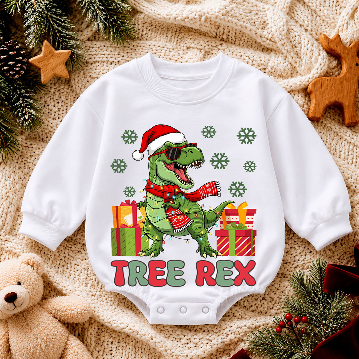 Tree Rex Christmas Romper, Cool T Rex Toddler Romper, Dinosaur Holiday Baby Romper, Funny Dino Christmas Outfit Gift — product view 4