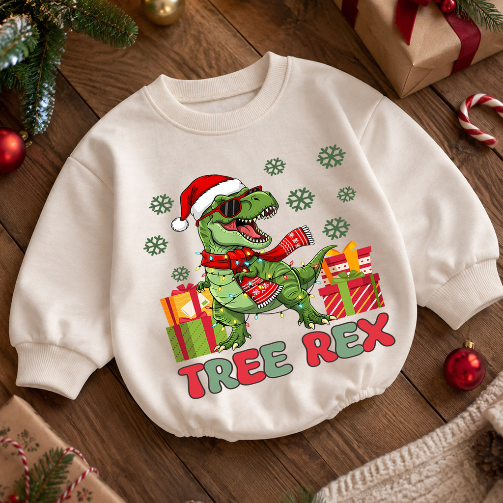 Tree Rex Christmas Romper, Cool T Rex Toddler Romper, Dinosaur Holiday Baby Romper, Funny Dino Christmas Outfit Gift — product view 5