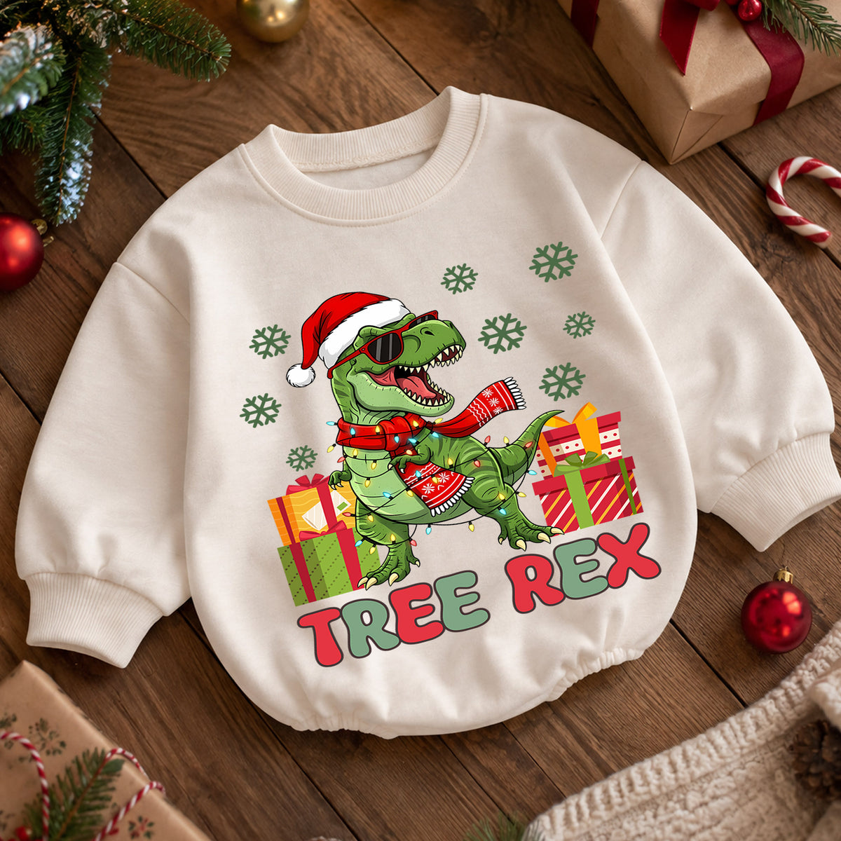 Tree Rex Christmas Romper, Cool T Rex Toddler Romper, Dinosaur Holiday Baby Romper, Funny Dino Christmas Outfit Gift — product view 5