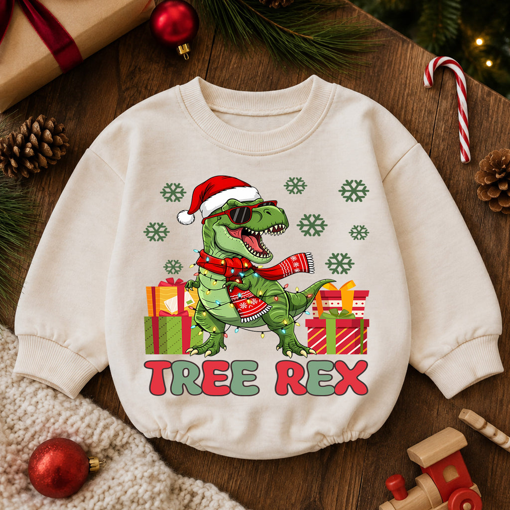 Tree Rex Christmas Romper, Cool T Rex Toddler Romper, Dinosaur Holiday Baby Romper, Funny Dino Christmas Outfit Gift — product view 6